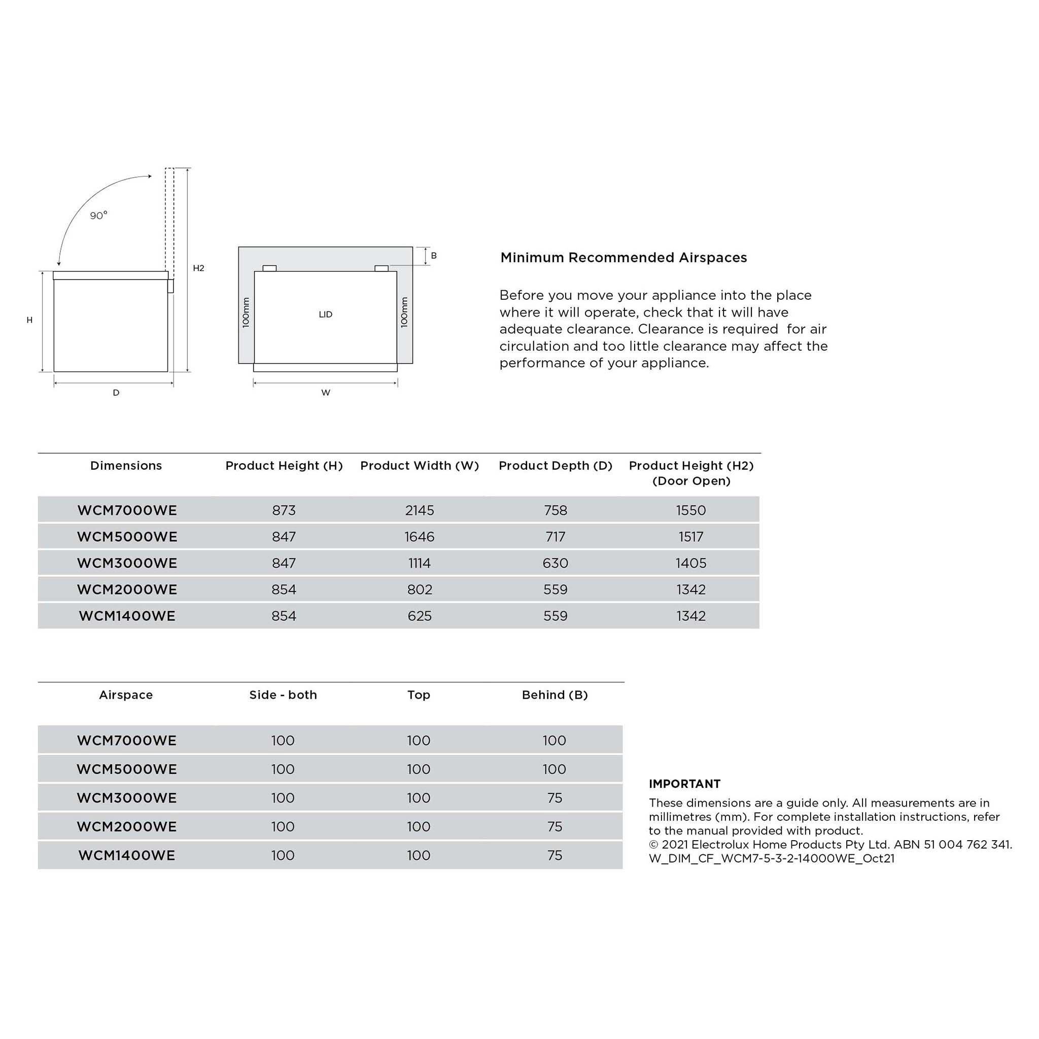 Westinghouse 145L White chest freezer WCM1400WE , Dimensions