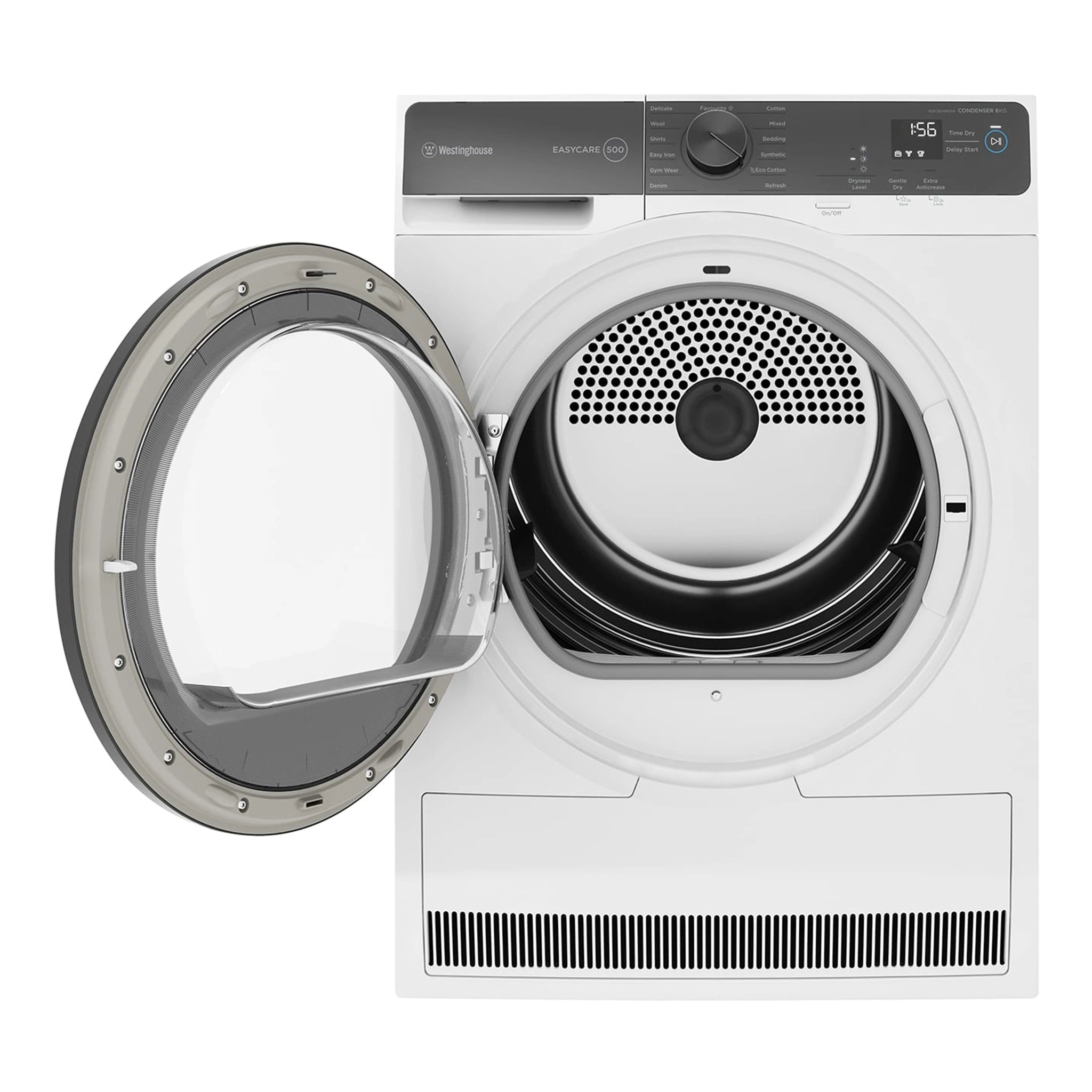 Westinghouse 8kg EasyCare 500 Series Condenser Dryer WDC804M5WA, Front View With Door Open