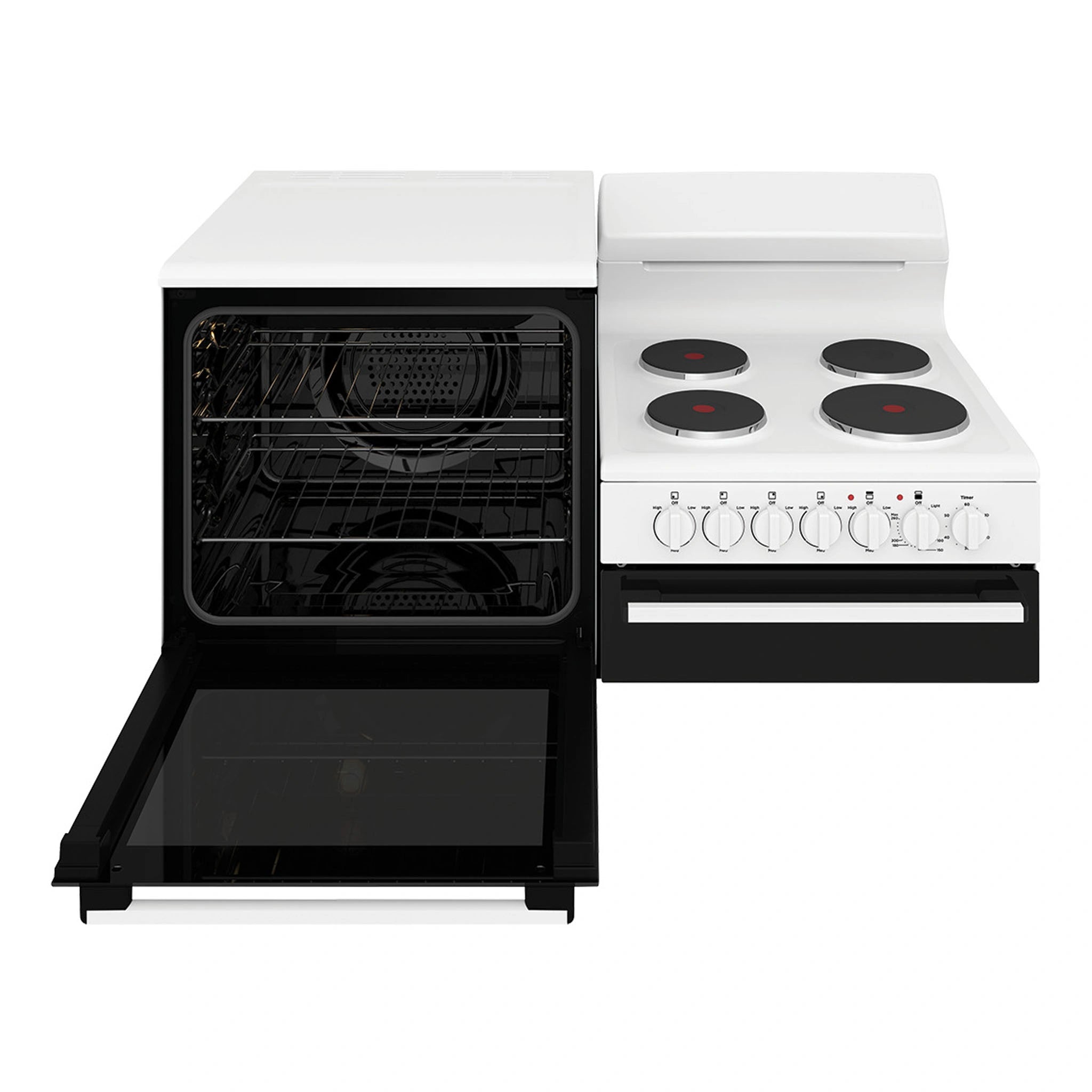 Westinghouse White Elevated Electric Oven WDE132WCL, Front View with Door Open