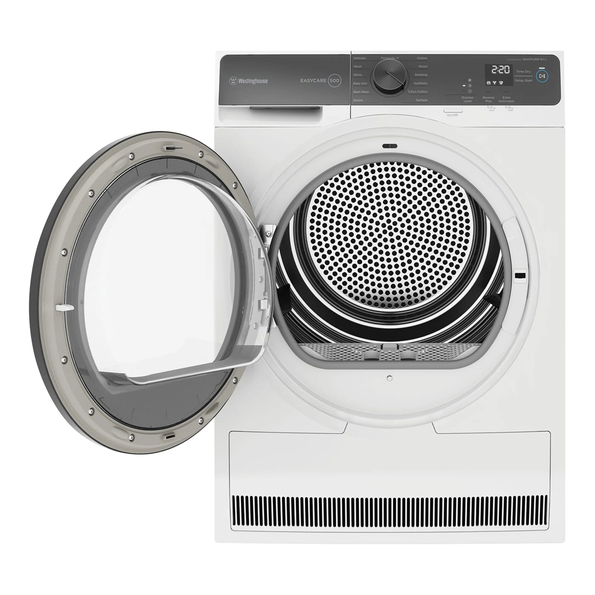 Westinghouse 8kg EasyCare 500 Series Heat Pump Dryer WDH804N7WA, Front View With Door Open