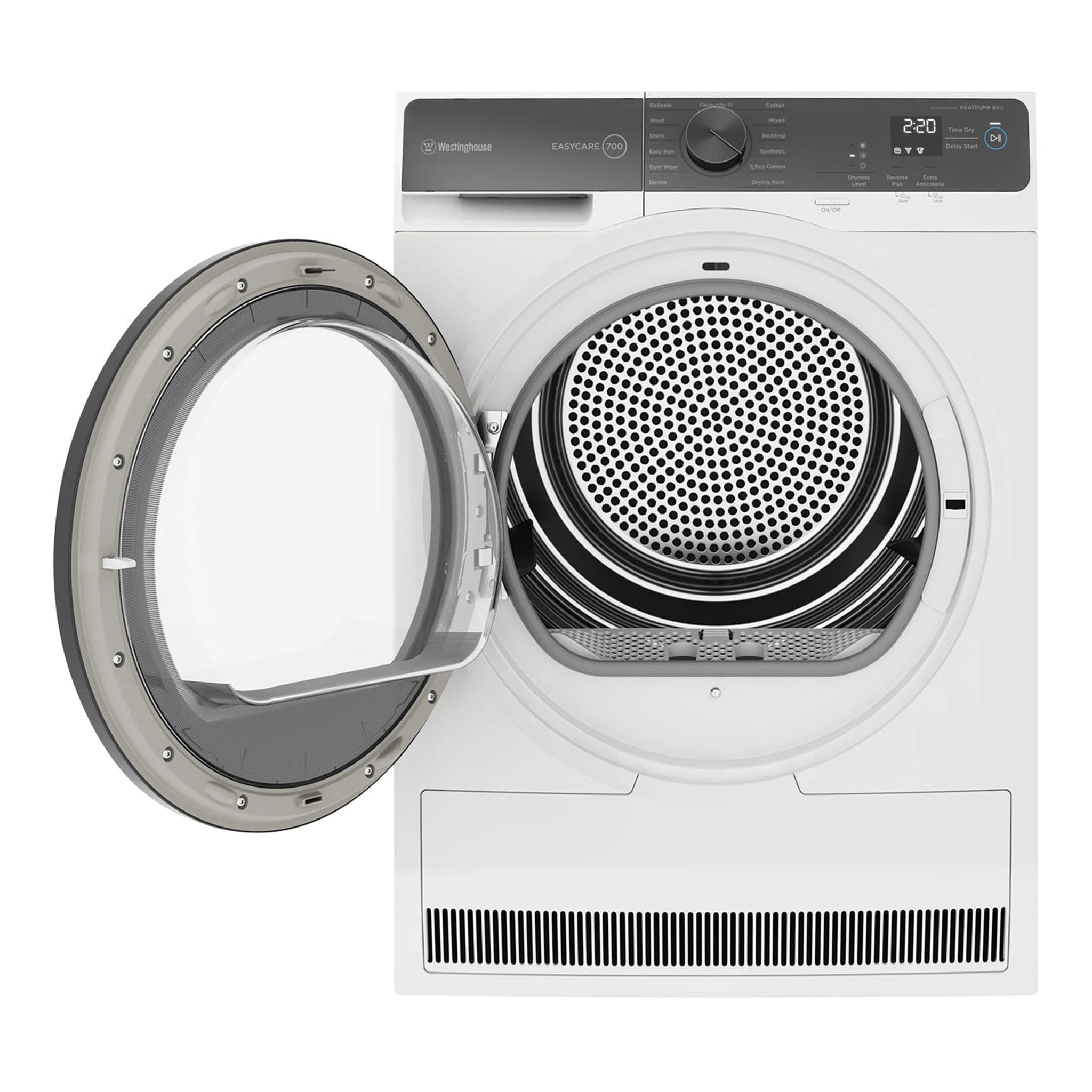 Westinghouse 8kg EasyCare 700 Series Heat Pump Dryer WDH804N8WA, Front View With Door Open