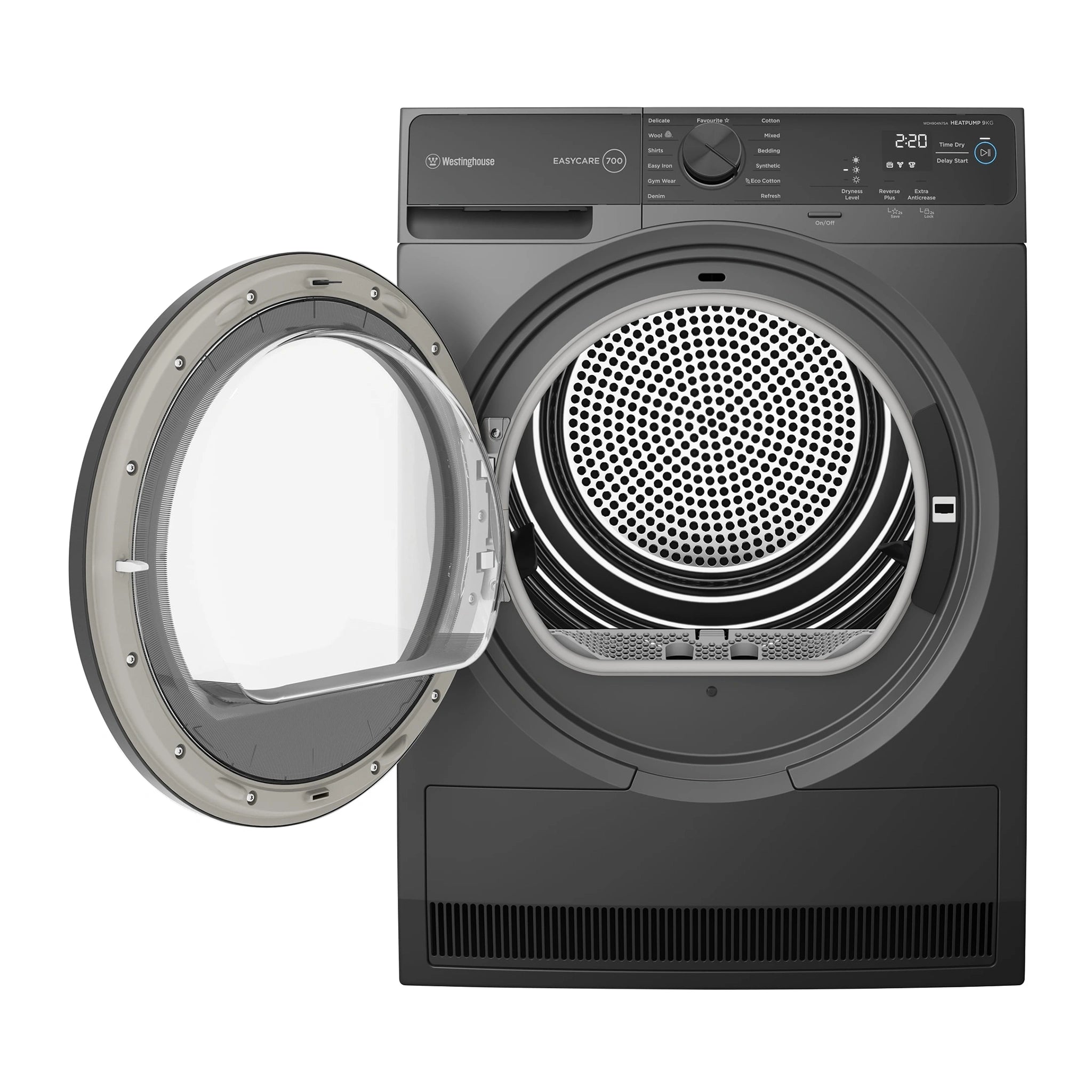 Westinghouse 9kg EasyCare 700 Series Heat Pump Dryer WDH904N7SA, Front View With Door Open