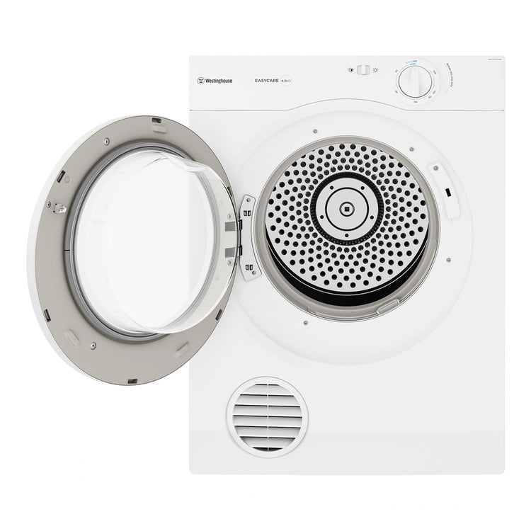 Westinghouse 4.5kg vented tumble dryer WDV457H3WB, Front View With Door Open