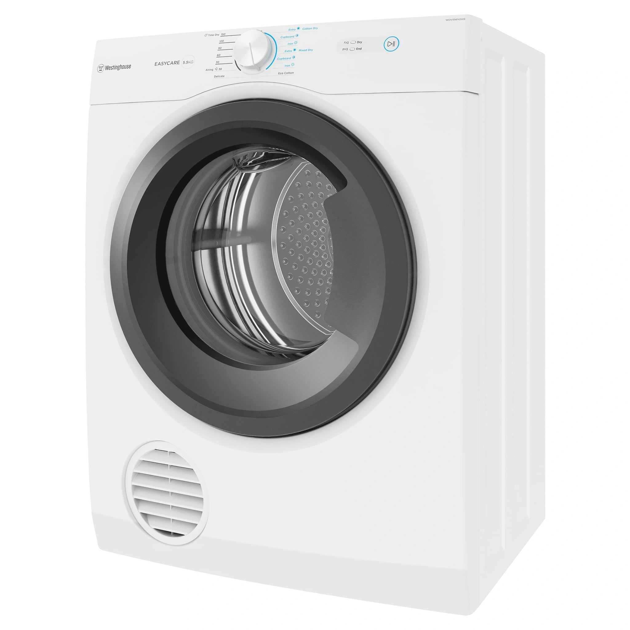 Westinghouse 5.5kg vented clothes dryer. WDV556N3WB, Right Side View