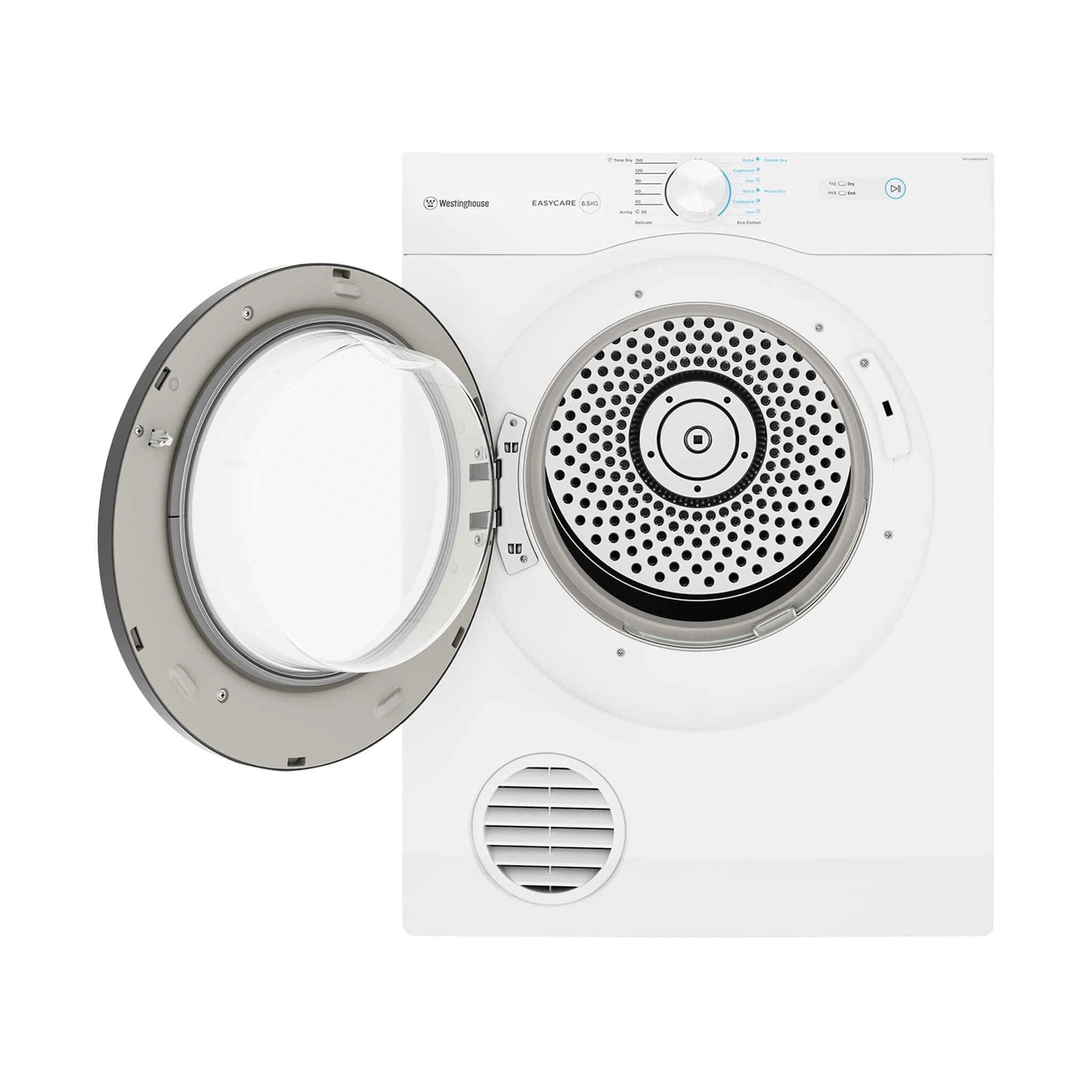 Westinghouse 6.5 kg vented clothes dryer WDV656N3WB, Front View With Door Open