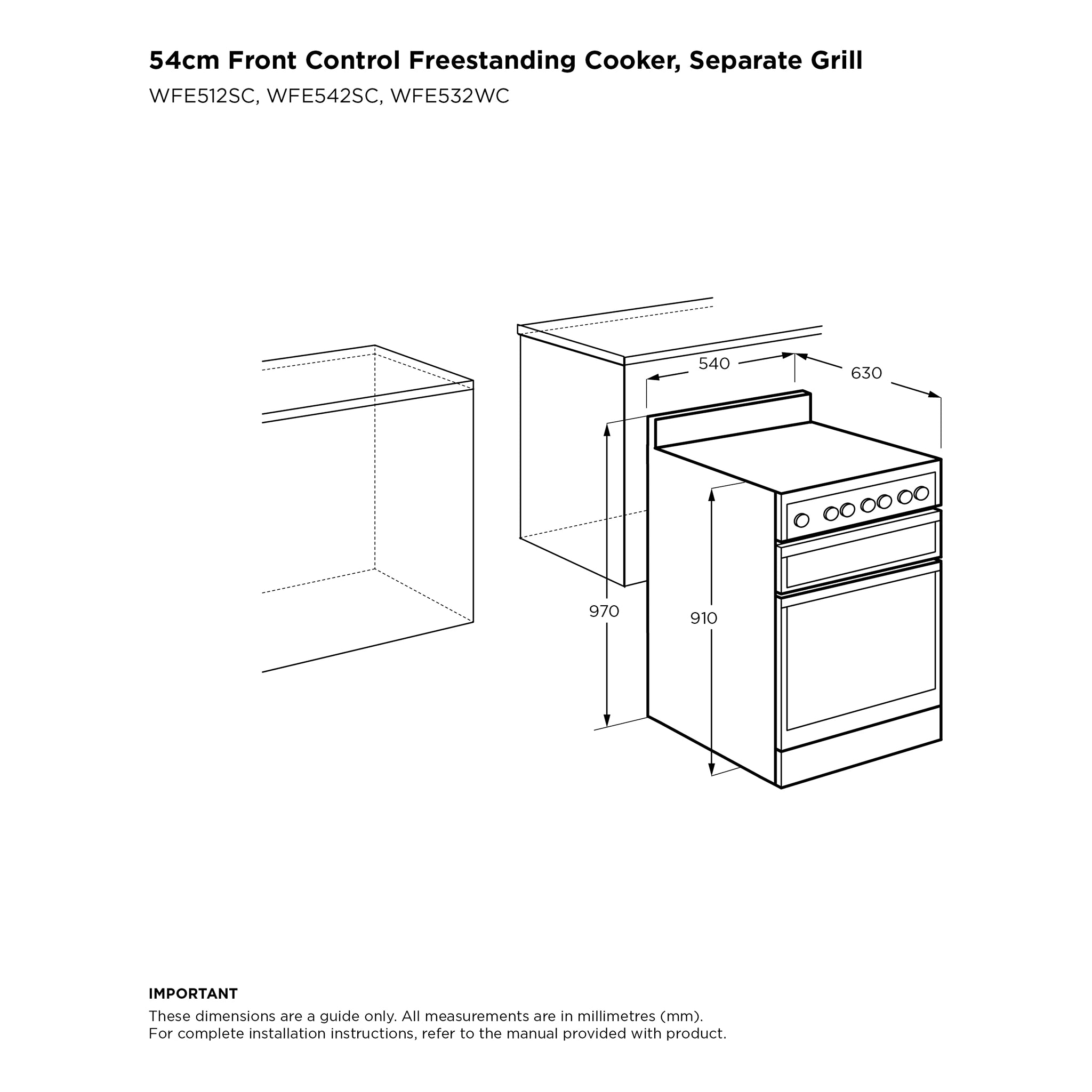 Westinghouse 54cm Freestanding Electric Oven with Ceramic Cooktop WFE542SC, Dimensions View