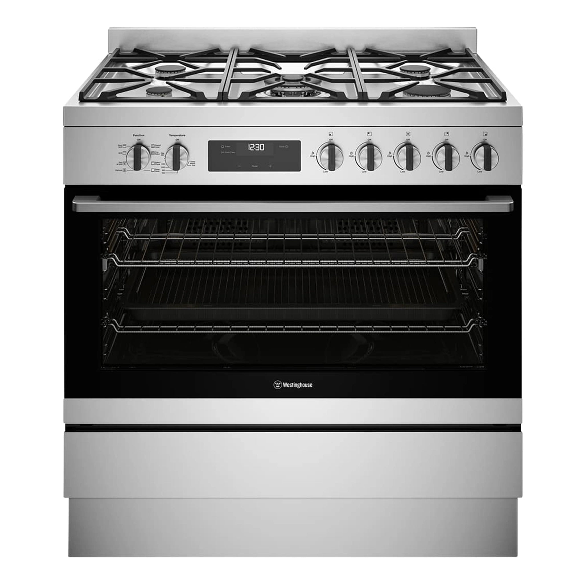 Westinghouse 90cm Dual Fuel Freestanding Cooker Stainless Steel WFE9515SD, Front View