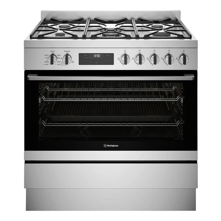Westinghouse 90cm Dual Fuel Freestanding Cooker Stainless Steel WFE9515SD, Front View