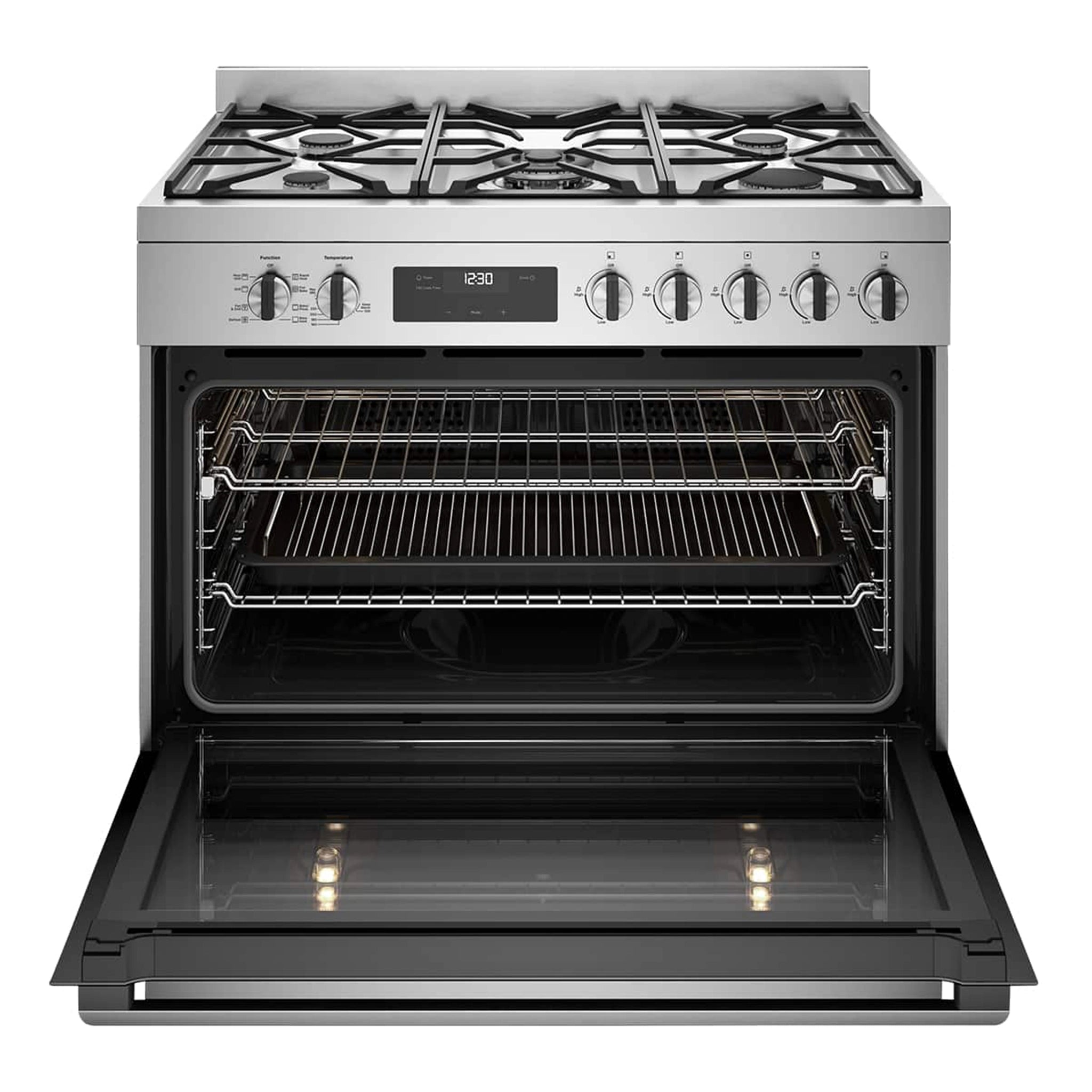 Westinghouse 90cm Dual Fuel Freestanding Cooker Stainless Steel WFE9515SD, Front View With Door Open
