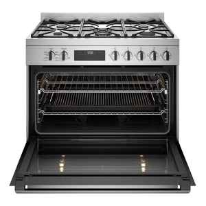 Westinghouse 90cm Dual Fuel Freestanding Cooker Stainless Steel WFE9515SD, Front View With Door Open
