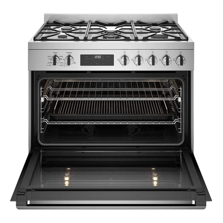 Westinghouse 90cm Dual Fuel Freestanding Cooker Stainless Steel WFE9515SD, Front View With Door Open