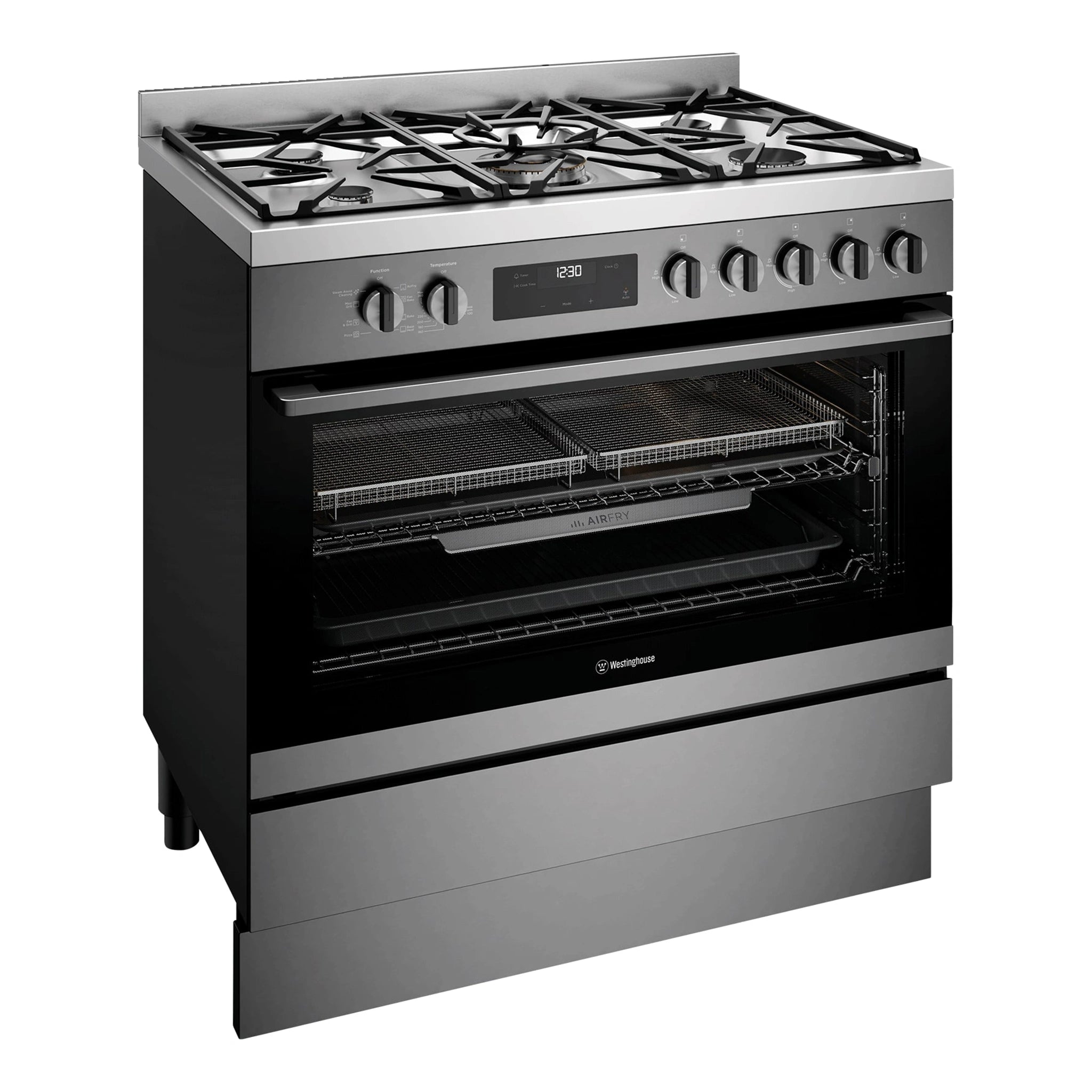 Westinghouse 90cm Dual Fuel Freestanding Cooker with Air Fry Dark Stainless Steel WFE9516DD, Front Left Side View
