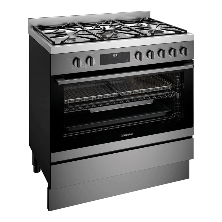 Westinghouse 90cm Dual Fuel Freestanding Cooker with Air Fry Dark Stainless Steel WFE9516DD, Front Left Side View