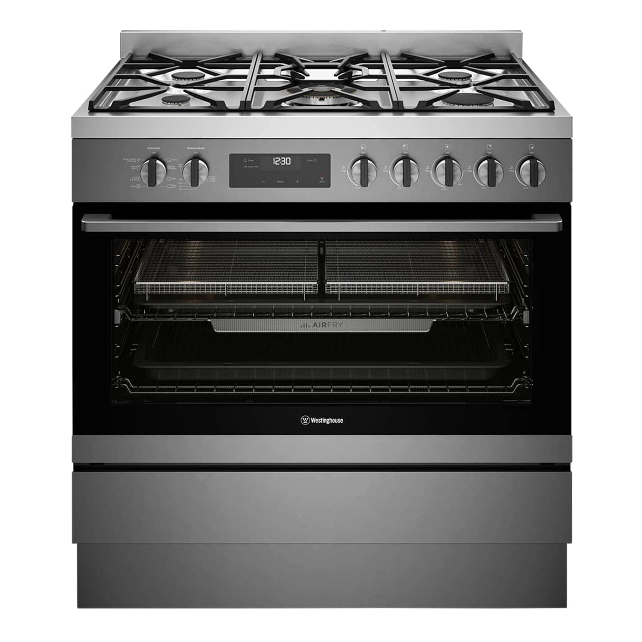 Westinghouse 90cm Dual Fuel Freestanding Cooker with Air Fry Dark Stainless Steel WFE9516DD, Front View