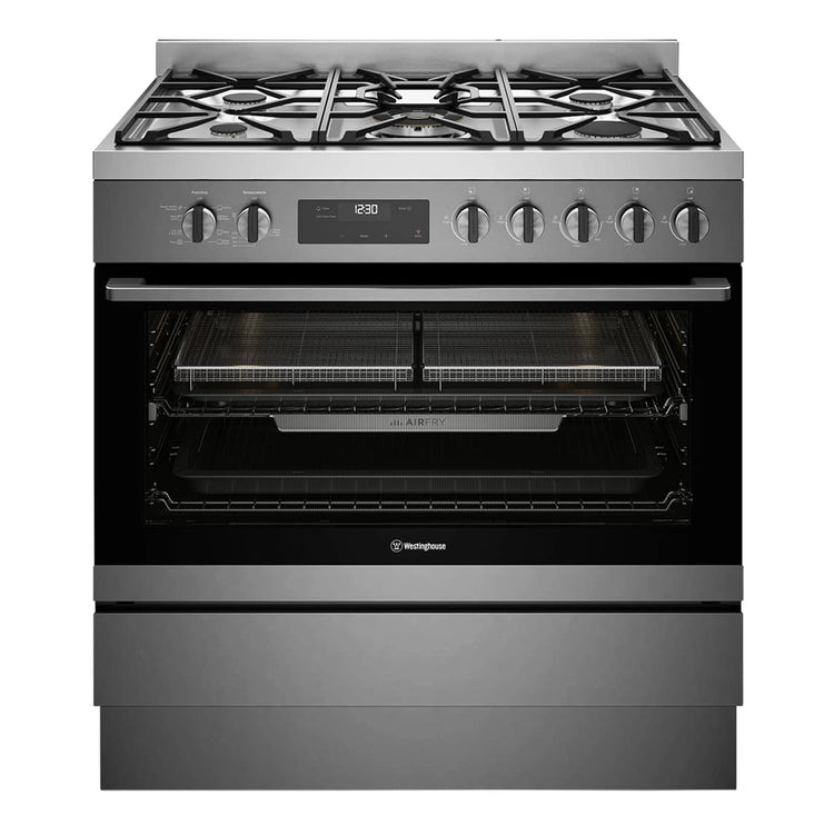 Westinghouse 90cm Dual Fuel Freestanding Cooker with Air Fry Dark Stainless Steel WFE9516DD, Front View