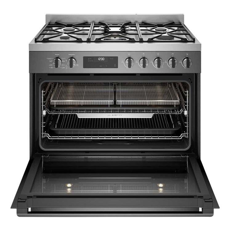Westinghouse 90cm Dual Fuel Freestanding Cooker with Air Fry Dark Stainless Steel WFE9516DD, Front View With Door Open
