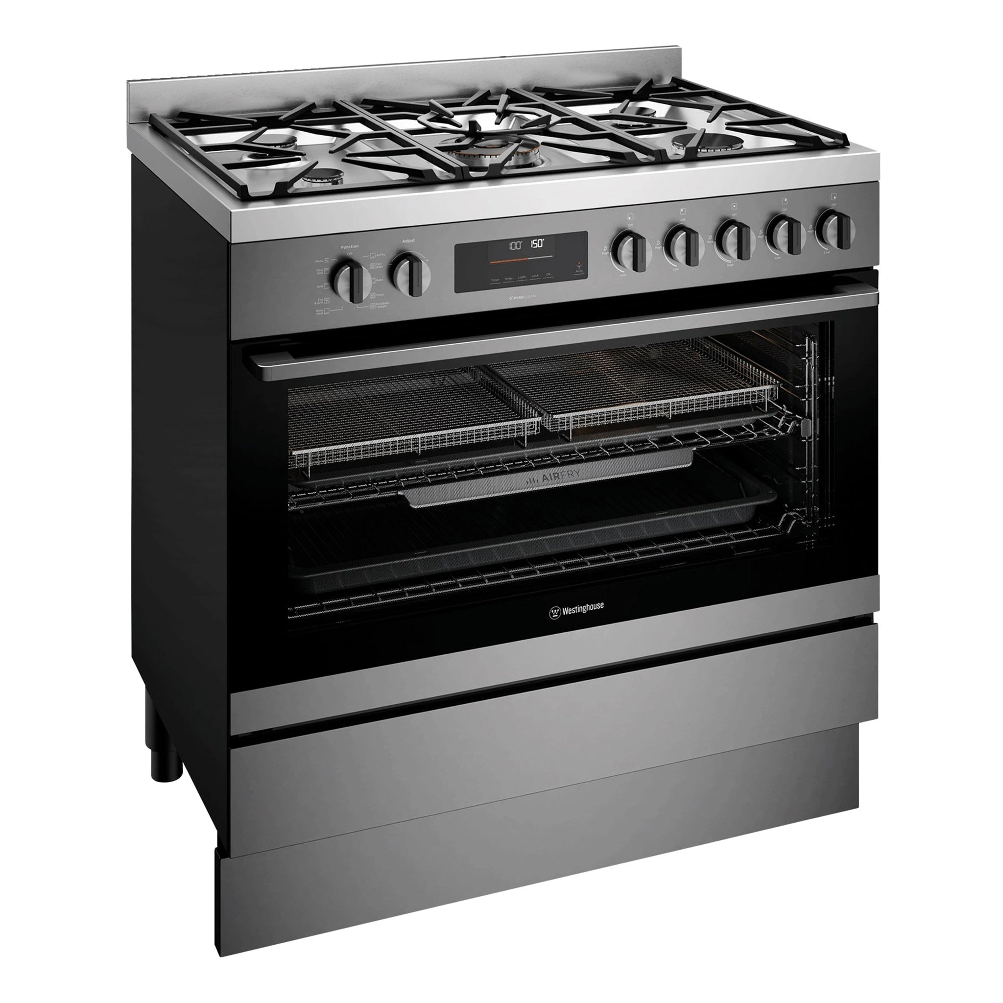 Westinghouse 90cm Dual Fuel Pyrolytic Freestanding Cooker with SteamBake Dark Stainless Steel WFEP9717DD, Front Left Side View