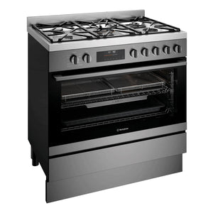 Westinghouse 90cm Dual Fuel Pyrolytic Freestanding Cooker with SteamBake Dark Stainless Steel WFEP9717DD, Front Left Side View