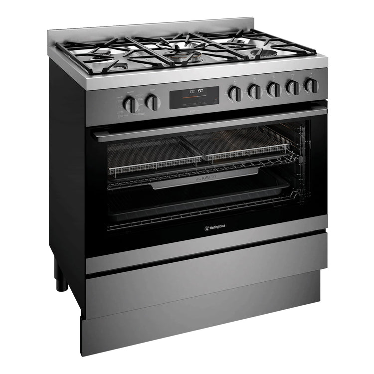 Westinghouse 90cm Dual Fuel Pyrolytic Freestanding Cooker with SteamBake Dark Stainless Steel WFEP9717DD, Front Left Side View