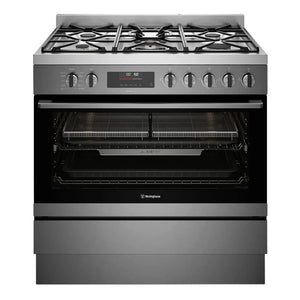 Westinghouse 90cm Dual Fuel Pyrolytic Freestanding Cooker with SteamBake Dark Stainless Steel WFEP9717DD, Front View