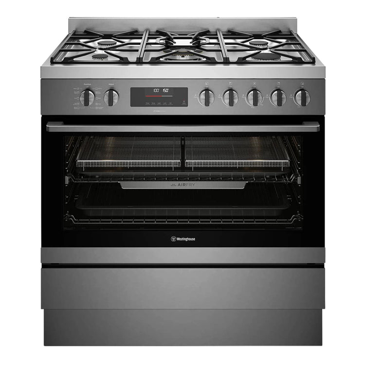 Westinghouse 90cm Dual Fuel Pyrolytic Freestanding Cooker with SteamBake Dark Stainless Steel WFEP9717DD, Front View