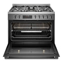 Westinghouse 90cm Dual Fuel Pyrolytic Freestanding Cooker with SteamBake Dark Stainless Steel WFEP9717DD, Front View With Door Open
