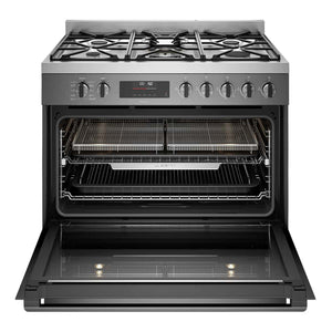 Westinghouse 90cm Dual Fuel Pyrolytic Freestanding Cooker with SteamBake Dark Stainless Steel WFEP9717DD, Front View With Door Open