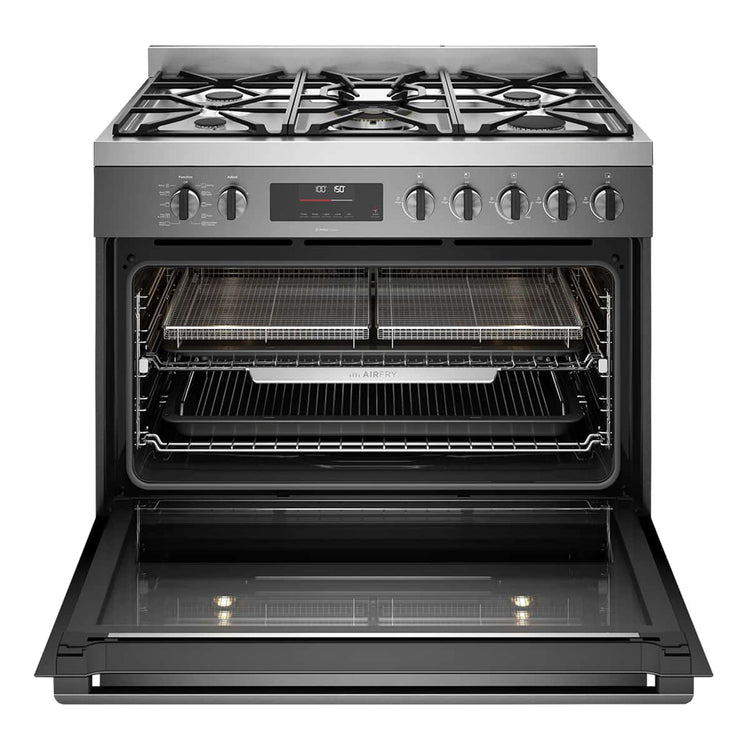 Westinghouse 90cm Dual Fuel Pyrolytic Freestanding Cooker with SteamBake Dark Stainless Steel WFEP9717DD, Front View With Door Open
