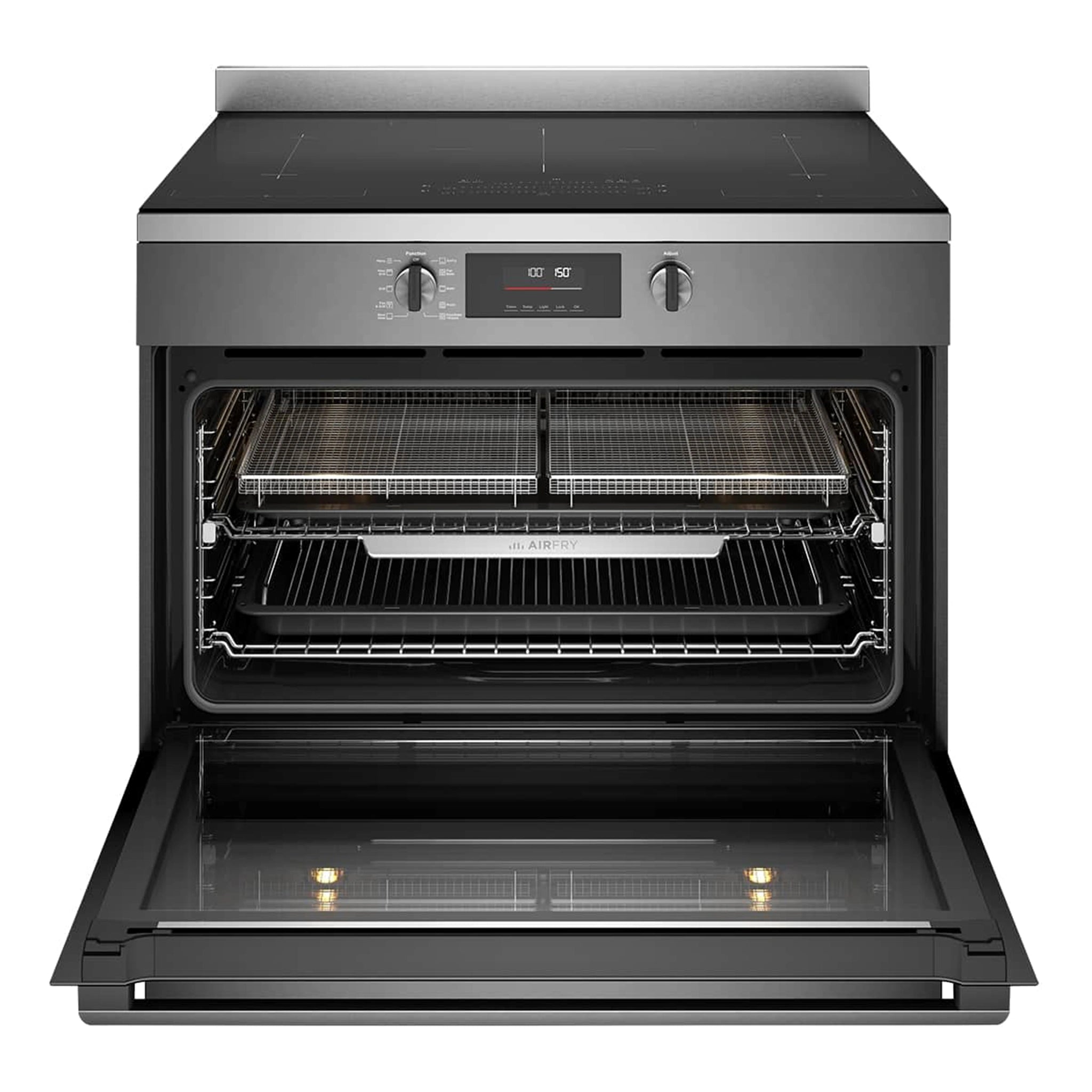 Westinghouse 90cm electric pyrolytic freestanding oven with Air Fry, dark stainless steel WFEP9757DD, Front View With Door Open