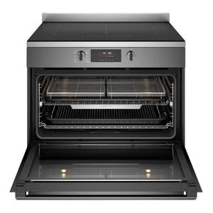 Westinghouse 90cm electric pyrolytic freestanding oven with Air Fry, dark stainless steel WFEP9757DD, Front View With Door Open