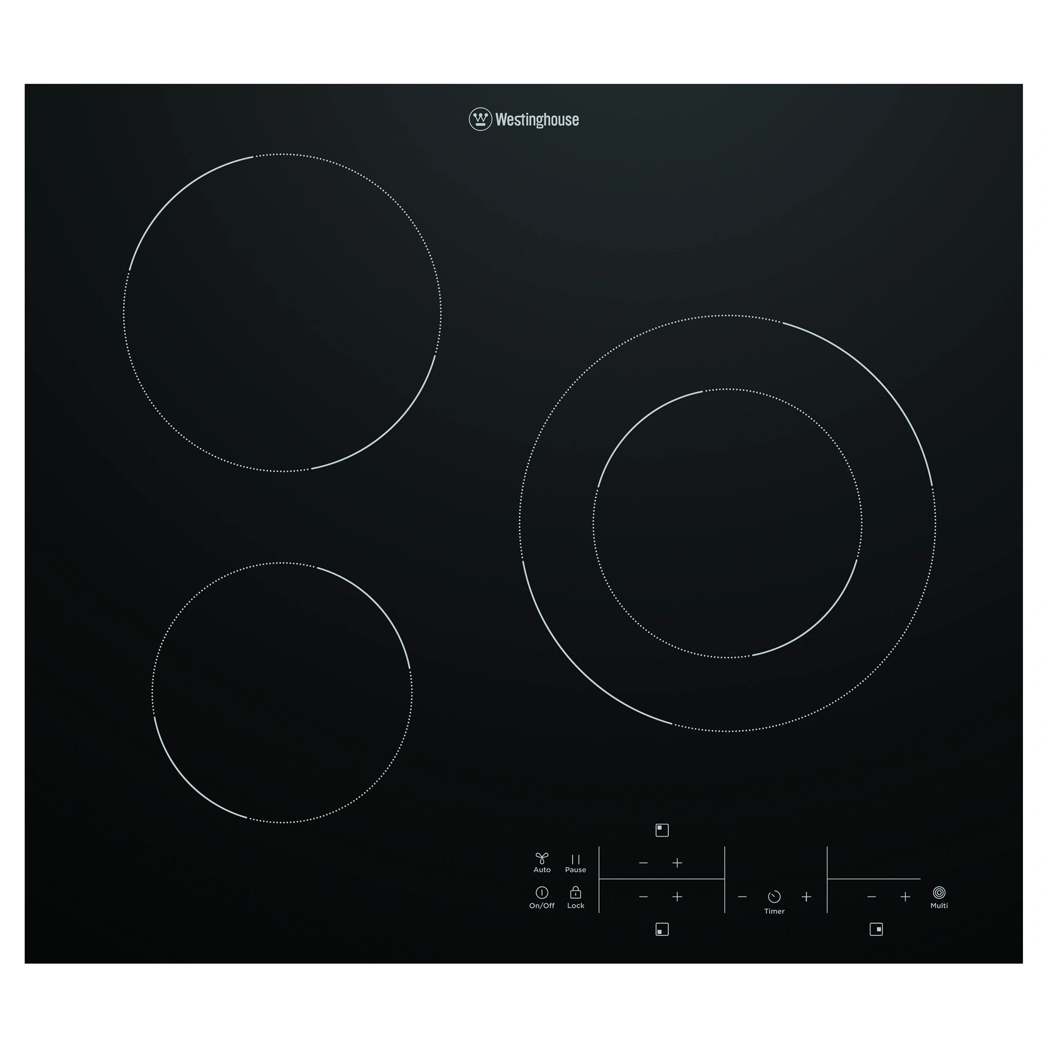 Westinghouse 60cm 3 Zone Ceramic Cooktop with MaxiZone WHC633BE, Front View