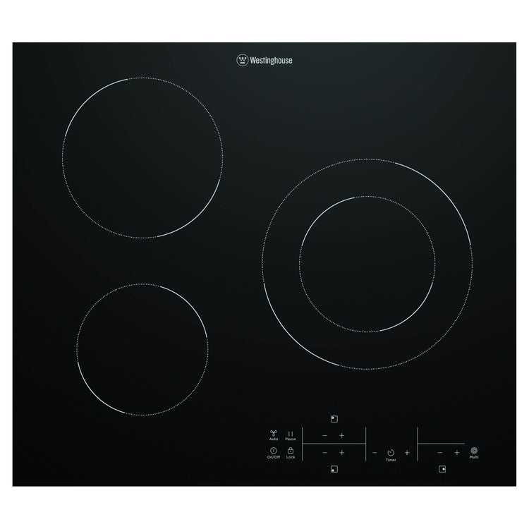 Westinghouse 60cm 3 Zone Ceramic Cooktop with MaxiZone WHC633BE, Front View