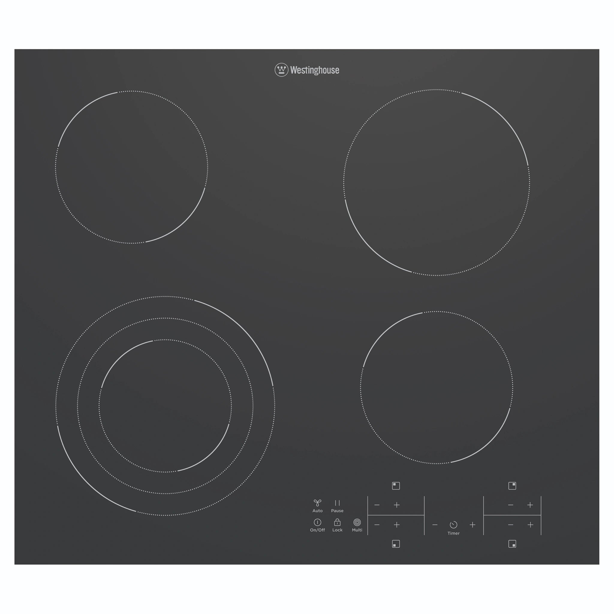 Westinghouse 60cm 4 Zone Ceramic Cooktop – 3 Variable Zone WHC643BE, Front View