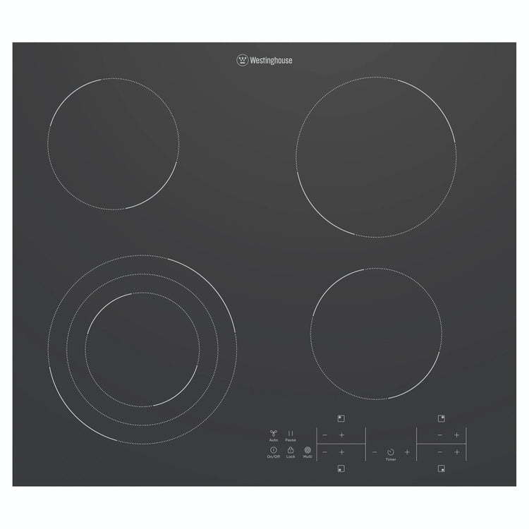 Westinghouse 60cm 4 Zone Ceramic Cooktop – 3 Variable Zone WHC643BE, Front View