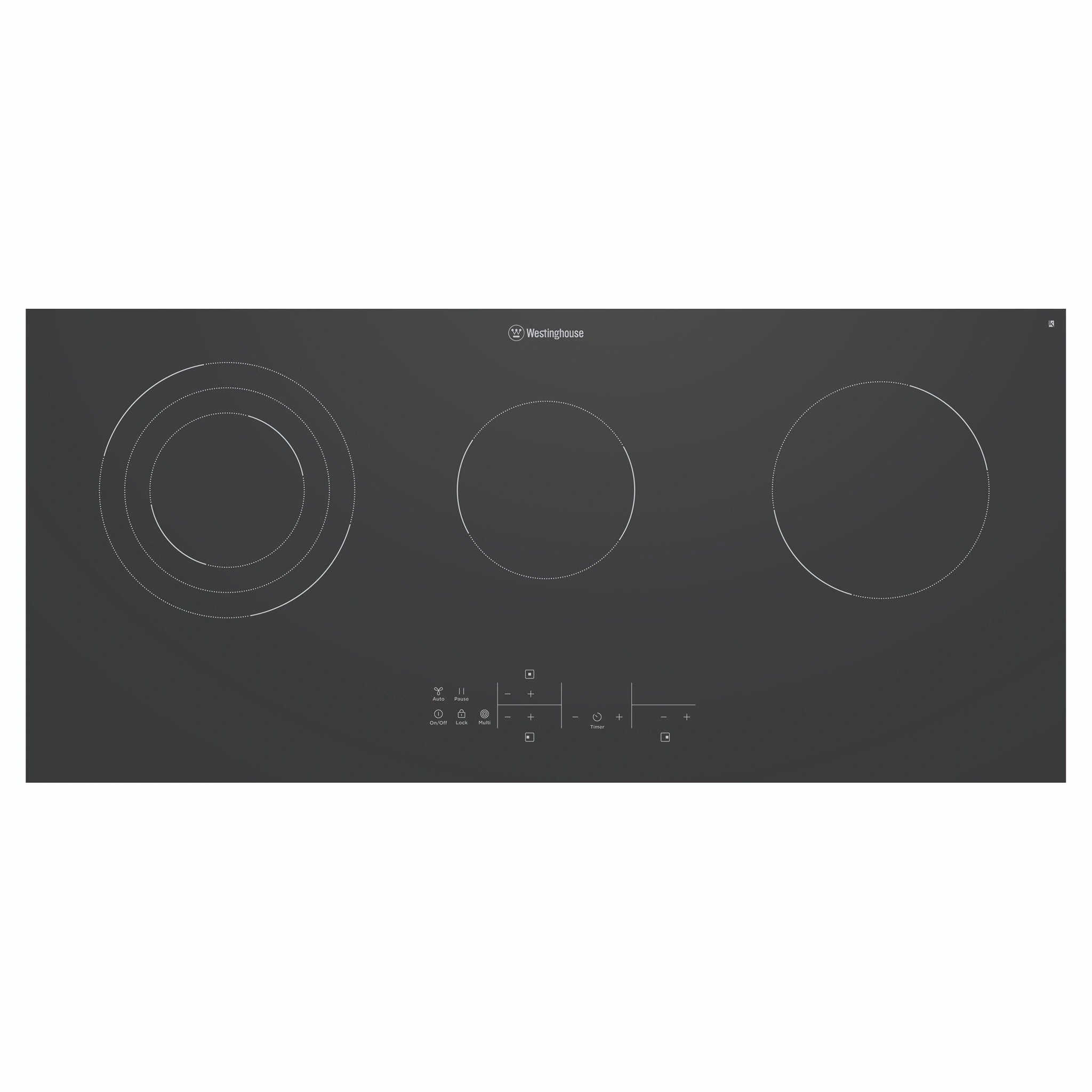 Westinghouse 90cm 3-Zone Ceramic Cooktop WHC933BD, Front View