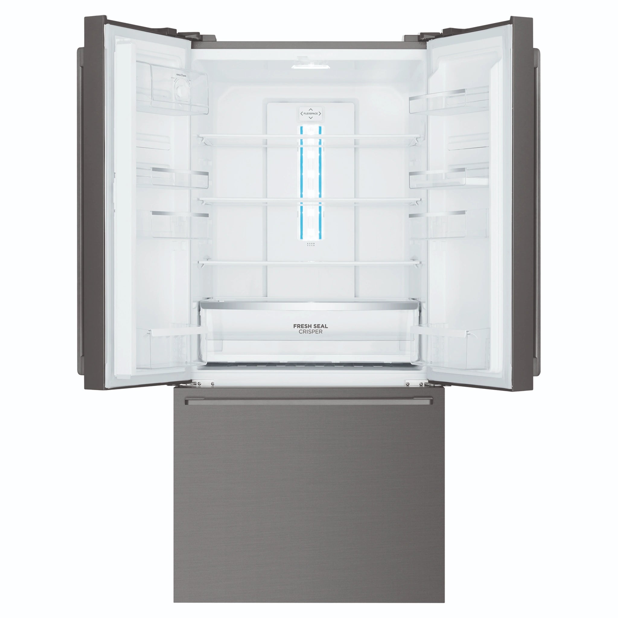 Westinghouse 491L French Door Fridge - Dark Stainless Steel WHE5204BC, Front View With Upper Door Open Two Sided View