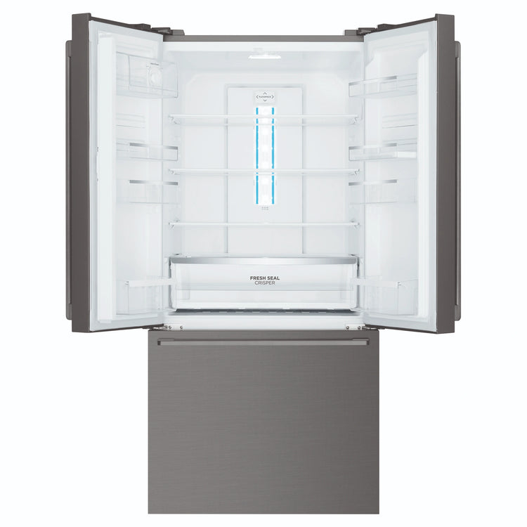 Westinghouse 491L French Door Fridge - Dark Stainless Steel WHE5204BC, Front View With Upper Door Open Two Sided View