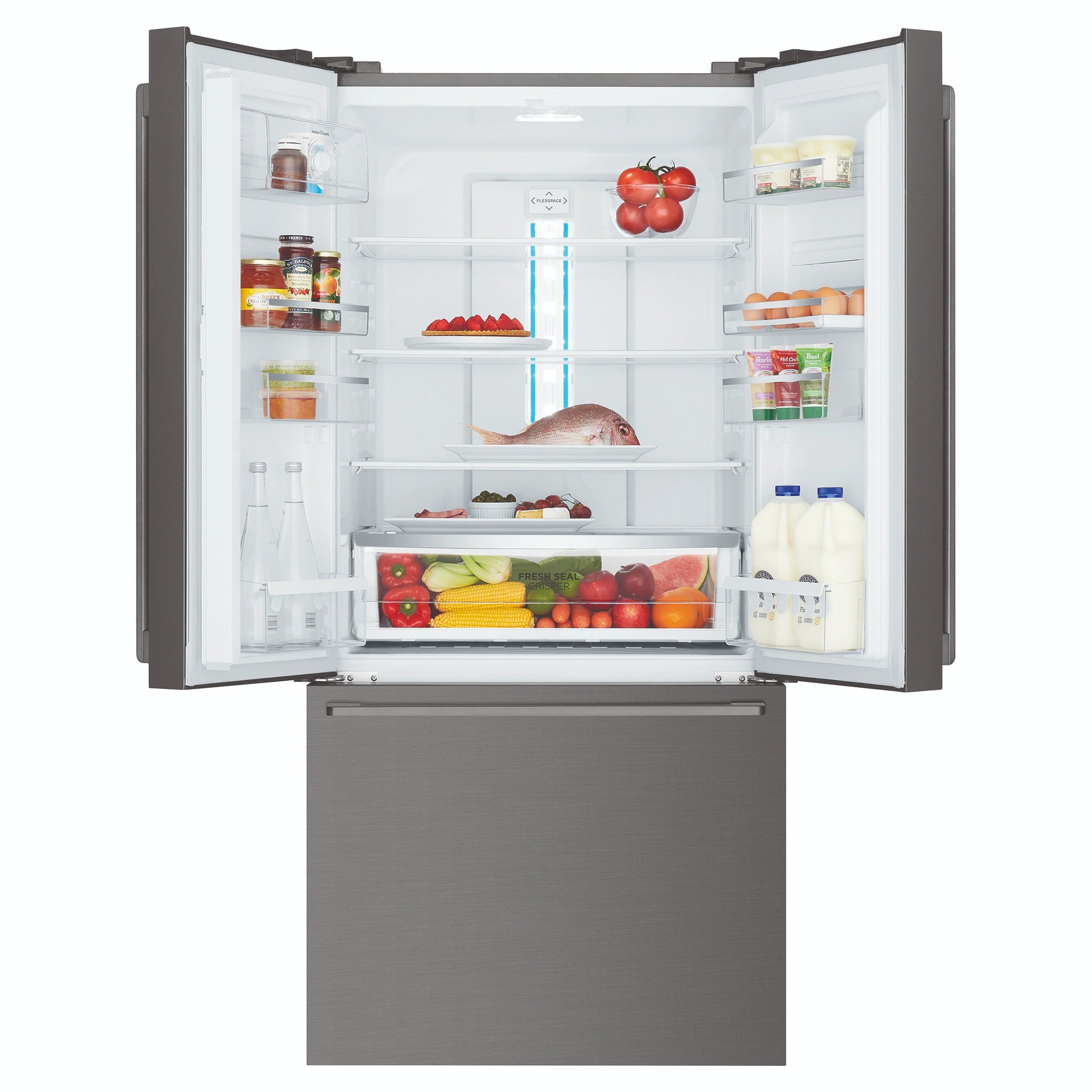 Westinghouse 491L French Door Fridge - Dark Stainless Steel WHE5204BC, Front View With Upper Door Open Two Sided View Storages