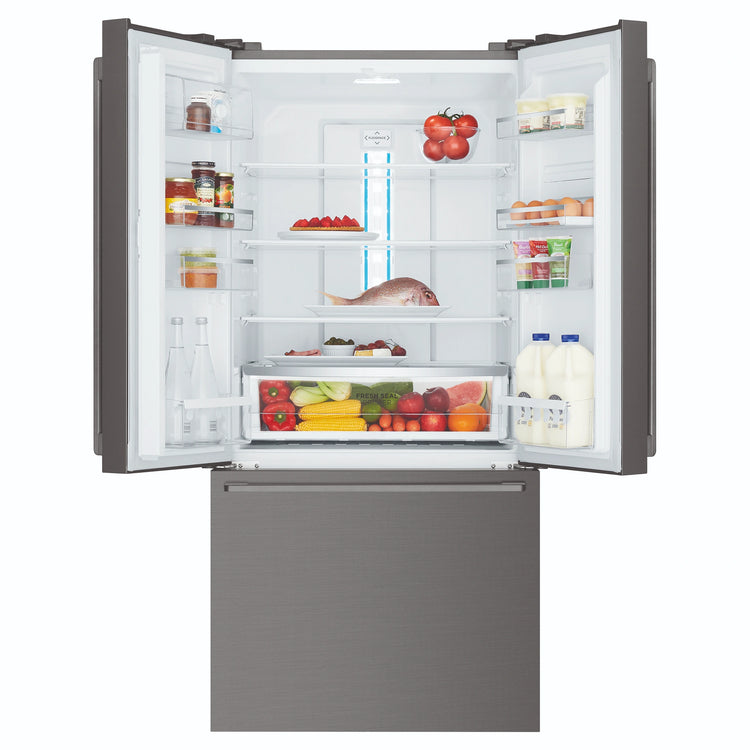 Westinghouse 491L French Door Fridge - Dark Stainless Steel WHE5204BC, Front View With Upper Door Open Two Sided View Storages