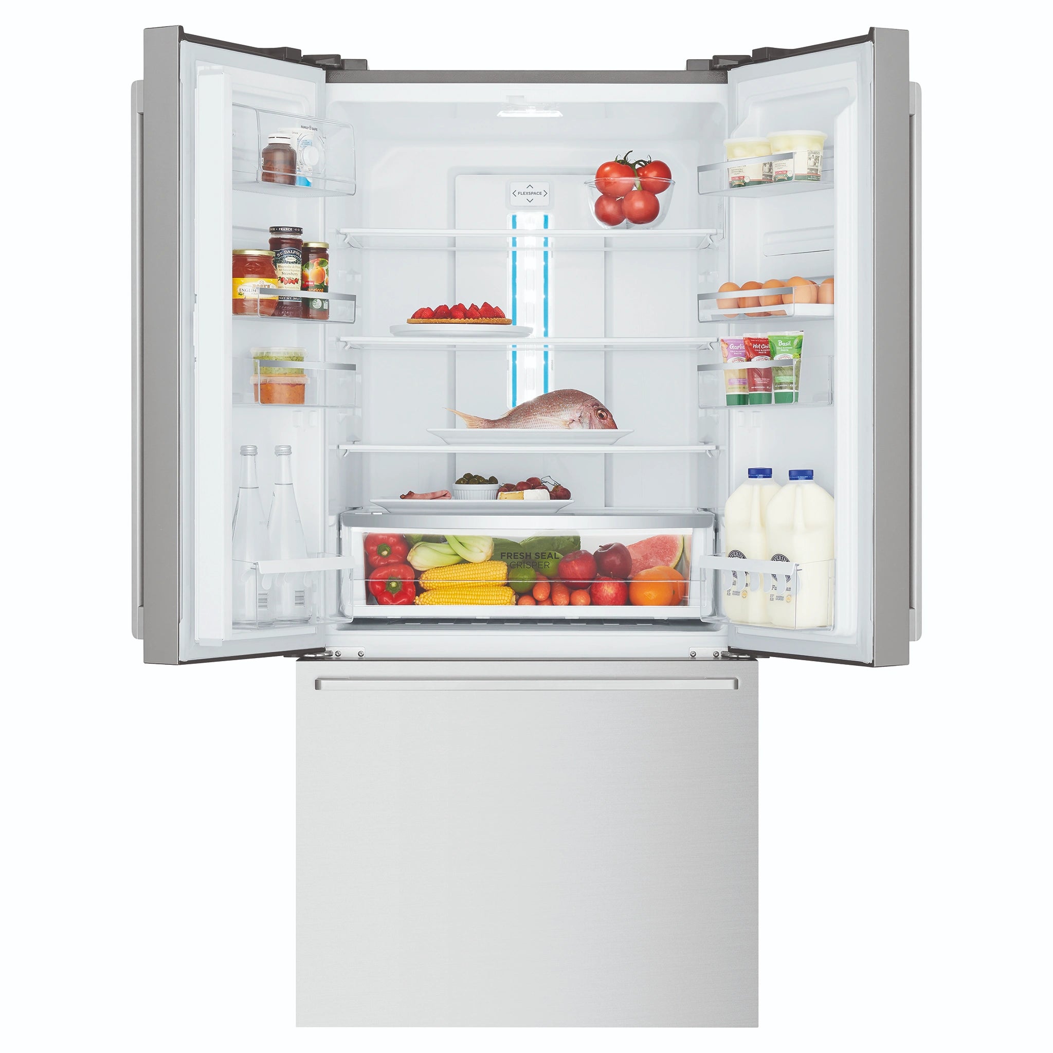 Westinghouse 491L French Door Fridge - Stainless Steel WHE5204SC, Front View Upper Two Sided Door Open View With Storages