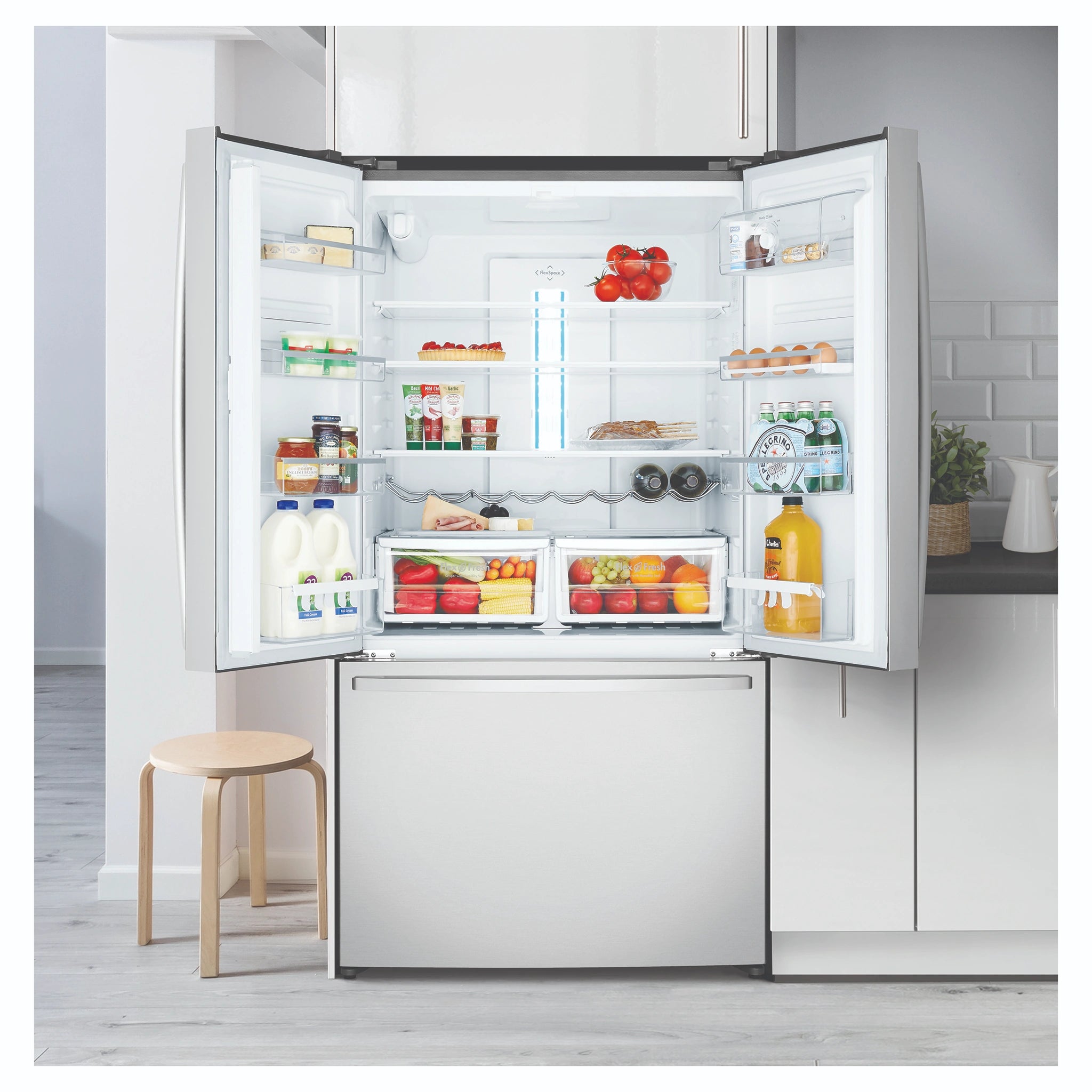 Westinghouse 565L French Door Fridge - Stainless Steel WHE6060SB, Lifestyle View With Upper Side Two Sided Door Open View With Storages