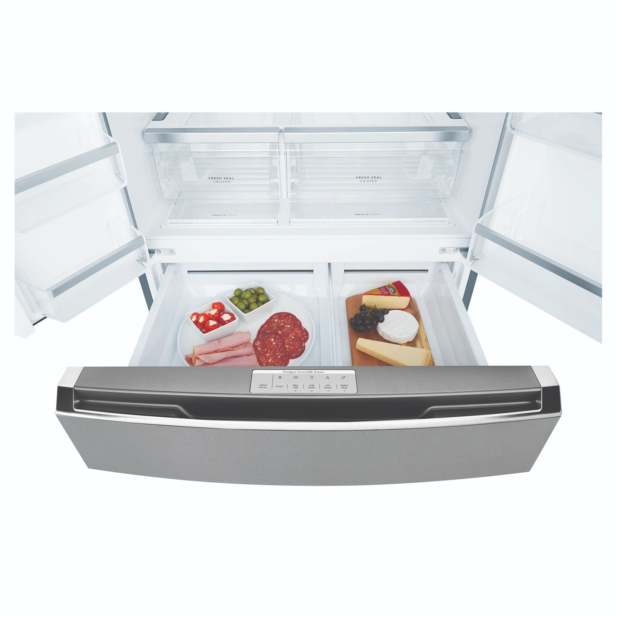 Westinghouse 609L French Door Fridge - Dark Stainless Steel WHE6170BB, Drawer Open View With Storages