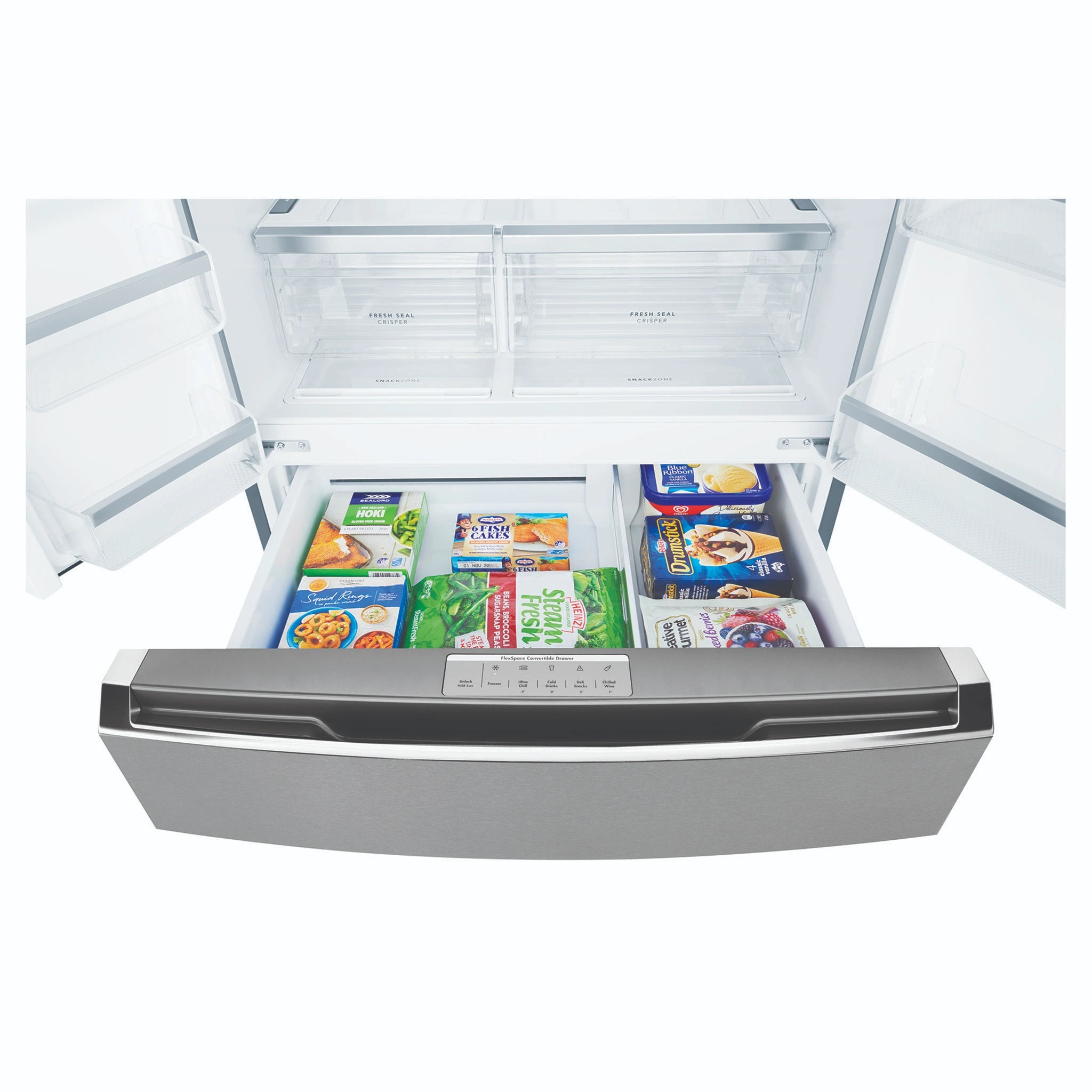 Westinghouse 609L French Door Fridge - Dark Stainless Steel WHE6170BB, Drawer Open View With Storages 3