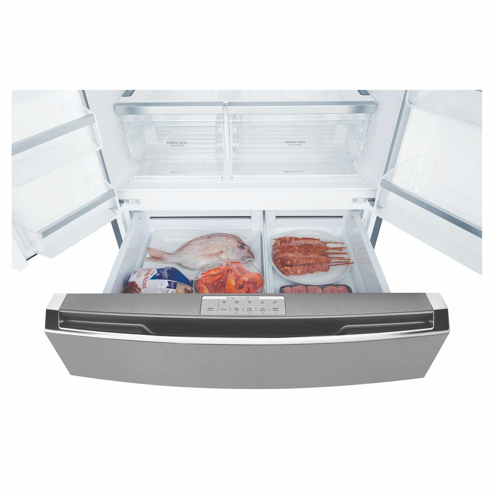 Westinghouse 609L French Door Fridge - Dark Stainless Steel WHE6170BB, Drawer Open View With Storages 4