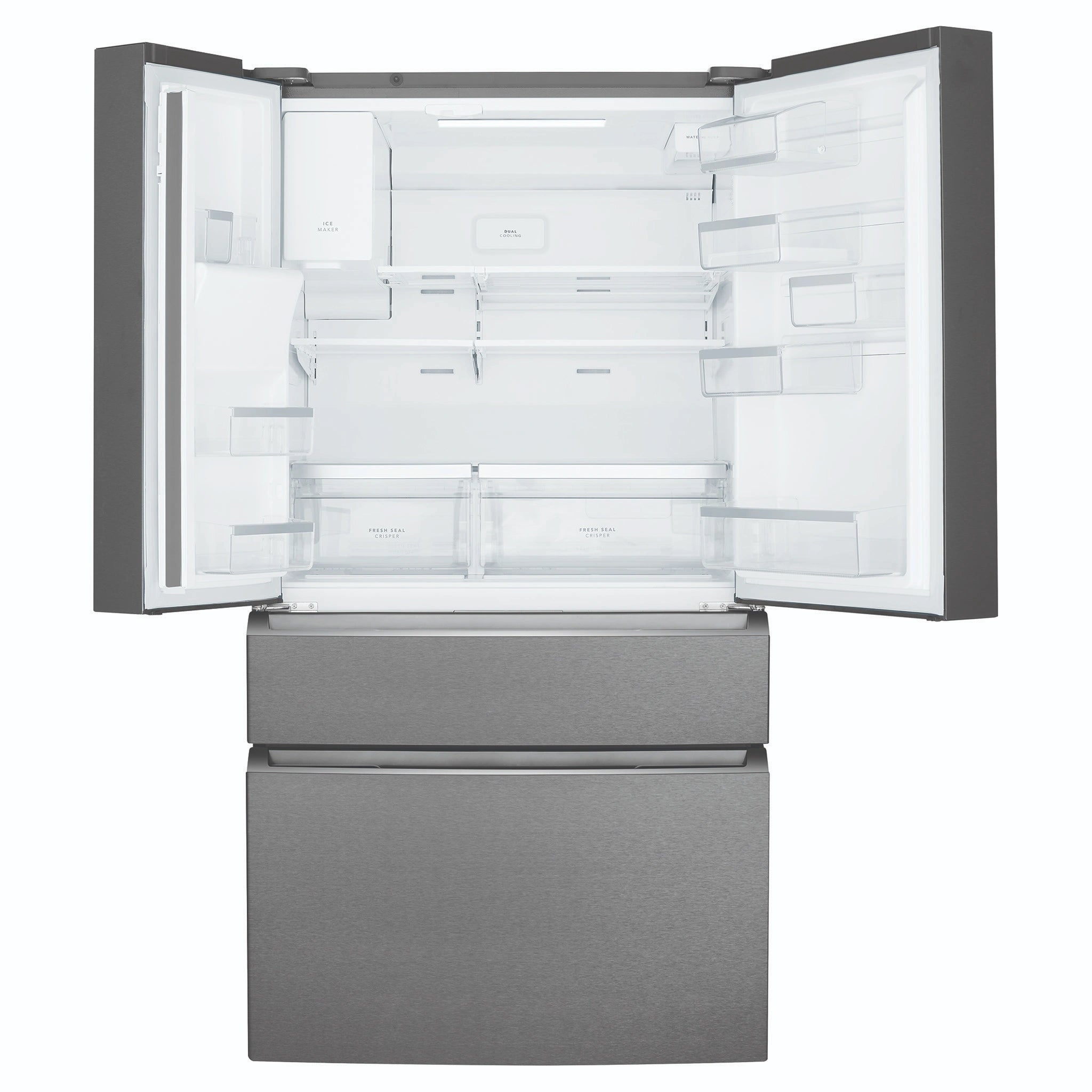 Westinghouse 609L French Door Fridge - Dark Stainless Steel WHE6170BB, Front View With Upper Two Sided Door Open View