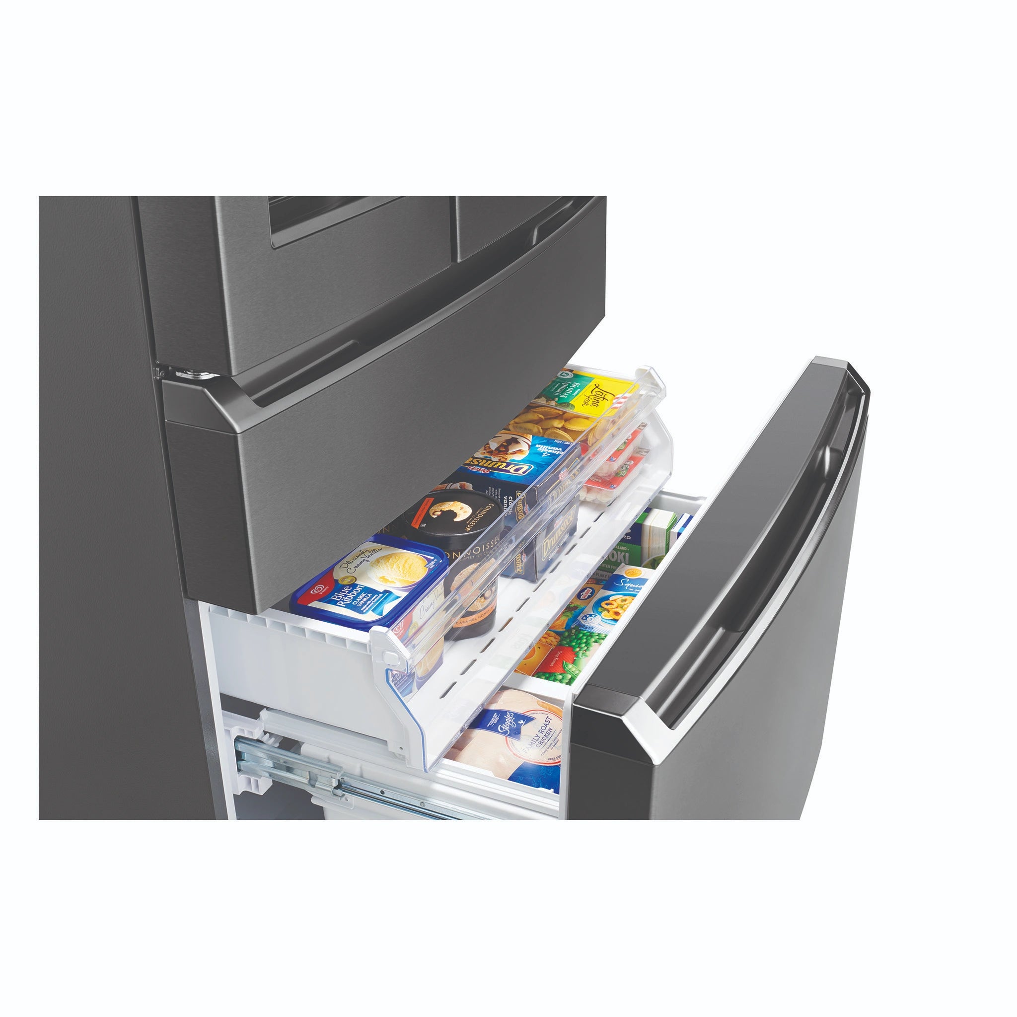 Westinghouse 609L French Door Fridge - Dark Stainless Steel WHE6170BB, Right Side Drawer Open View With Storages