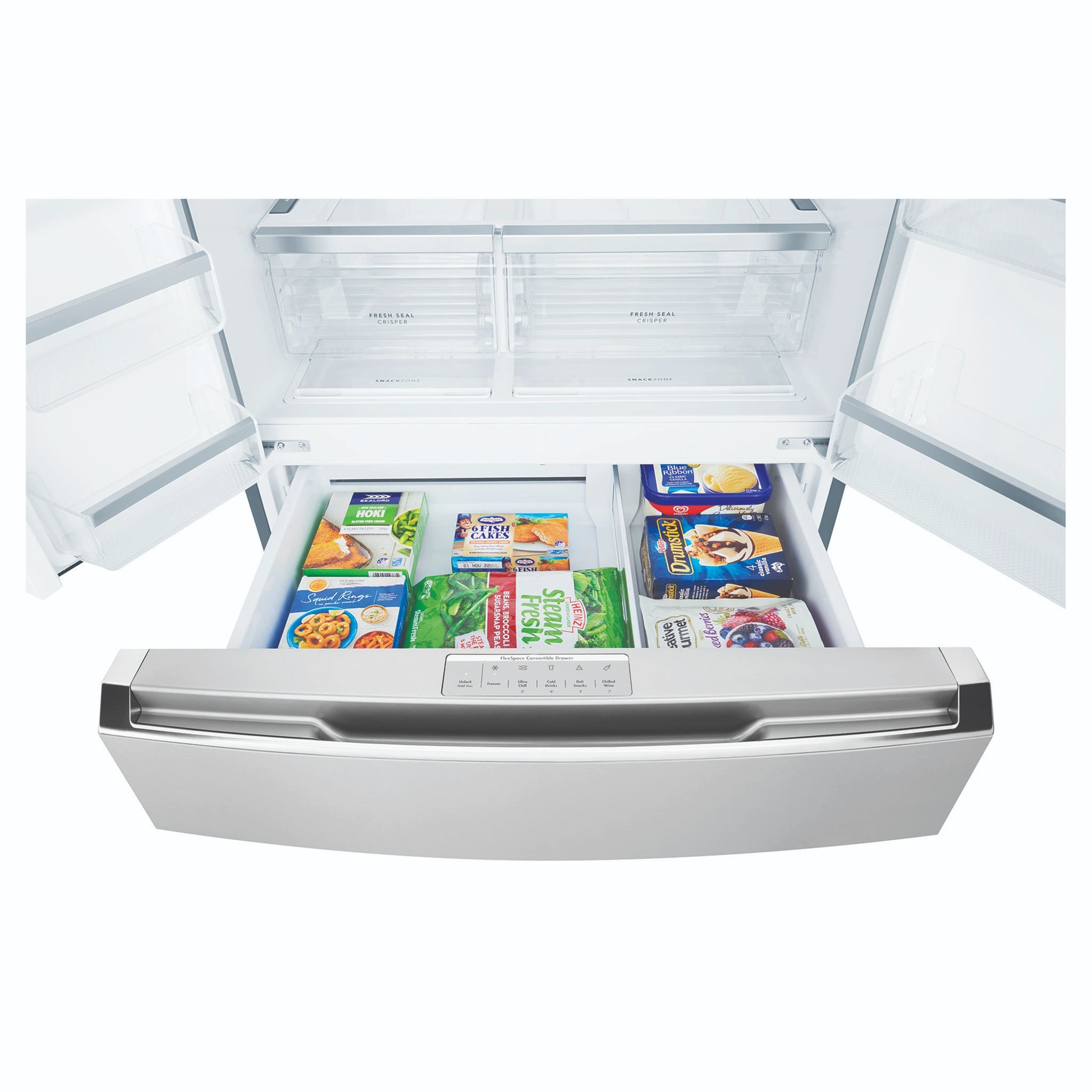Westinghouse 609L French Door Fridge - Stainless Steel WHE6170SB, Drawer Open View With Storages 4