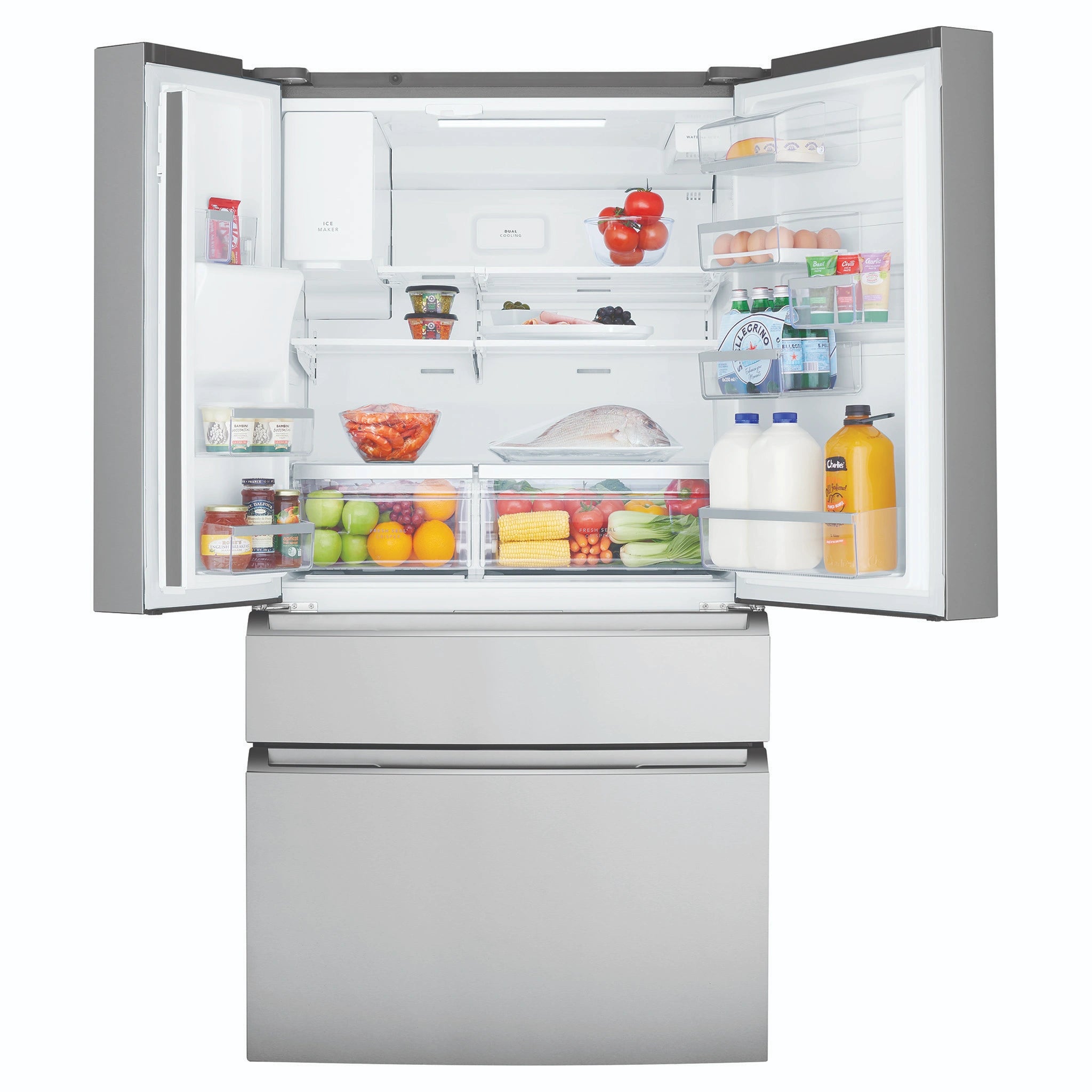 Westinghouse 609L French Door Fridge - Stainless Steel WHE6170SB, Front View With Upper Two Sided Door Open View With Storages