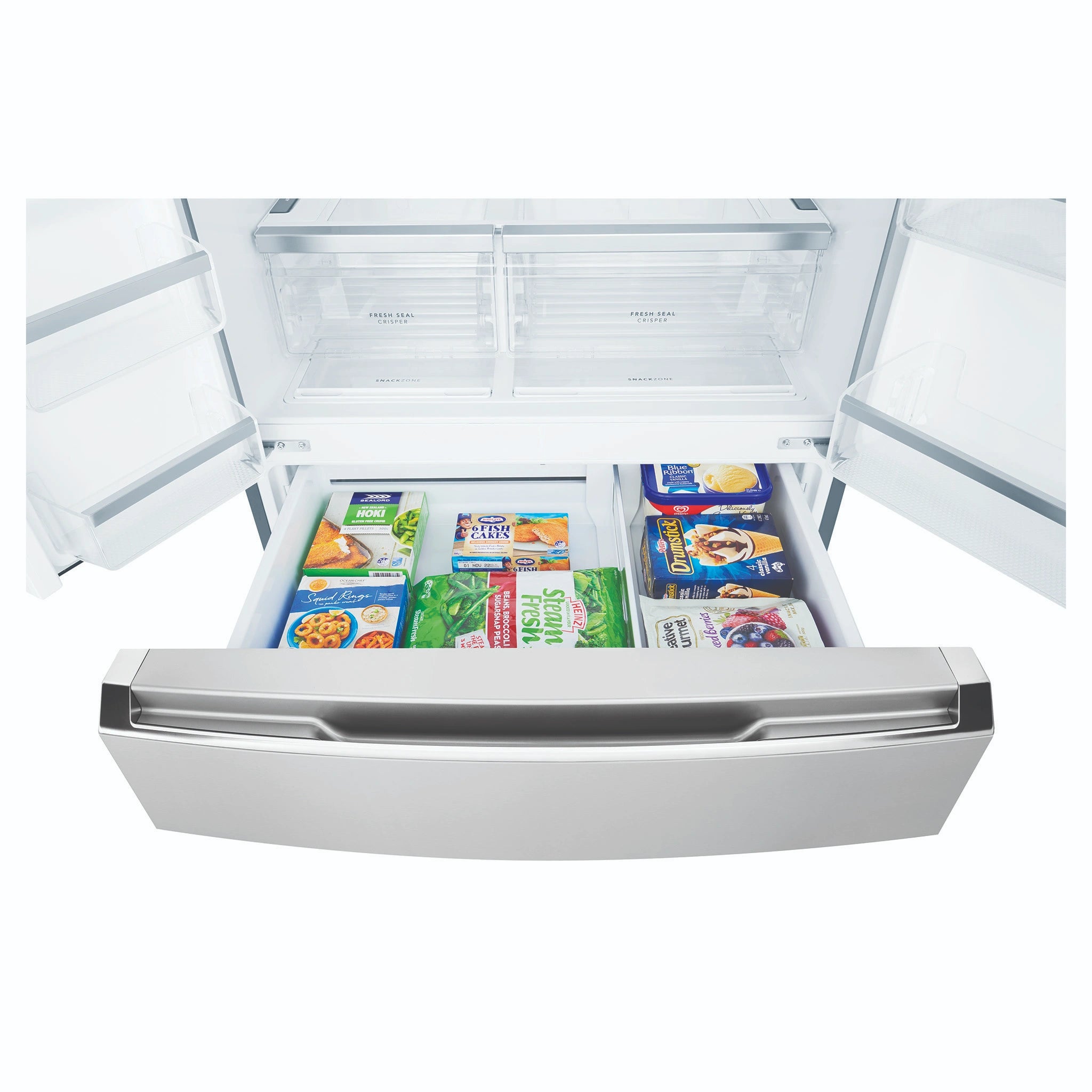 Westinghouse 619L French Door Fridge with Ice and Water Dispenser WHE6270SB, Drawer Open View With Storages