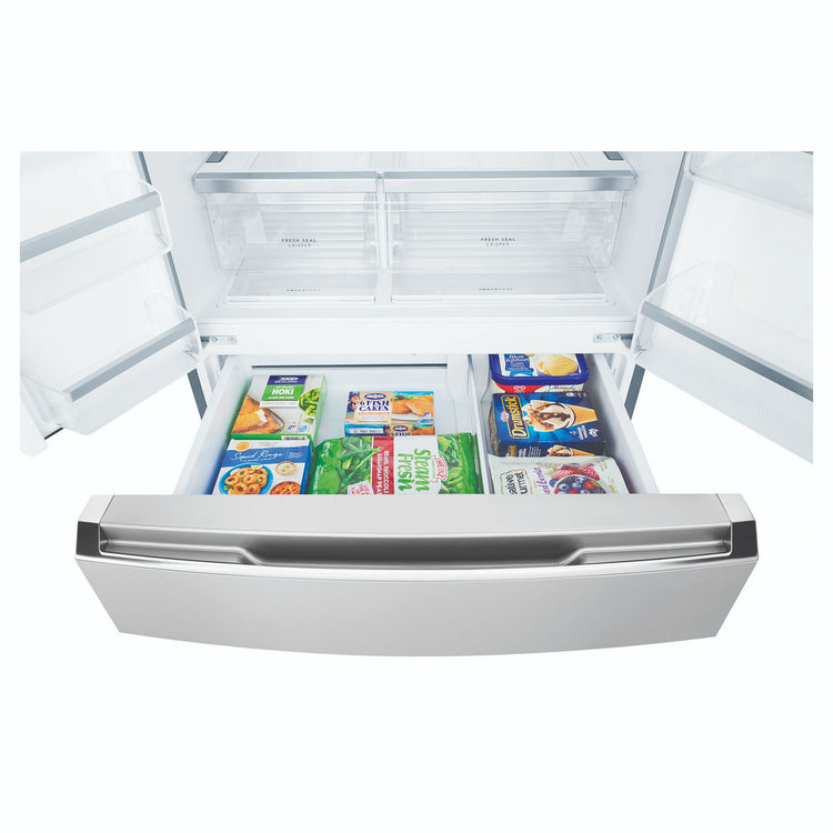 Westinghouse 619L French Door Fridge with Ice and Water Dispenser WHE6270SB, Drawer Open View With Storages